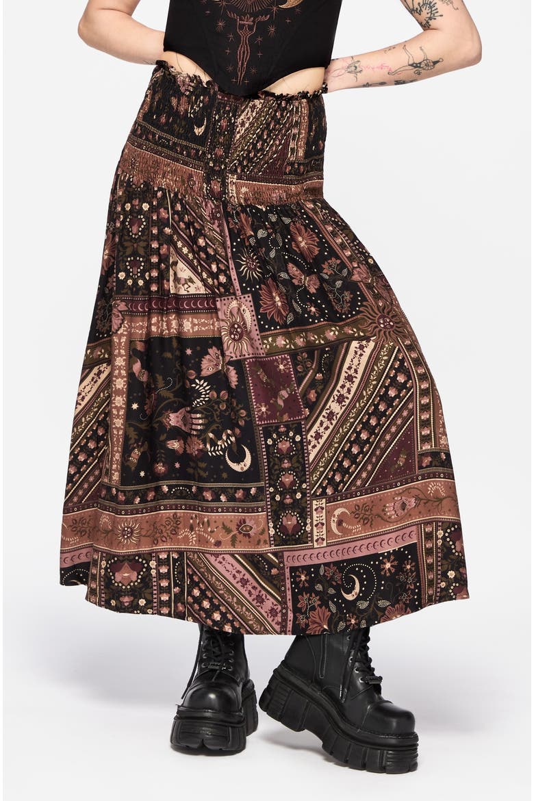 Nola Folk Patchwork Midi Skirt, Main, color, Black