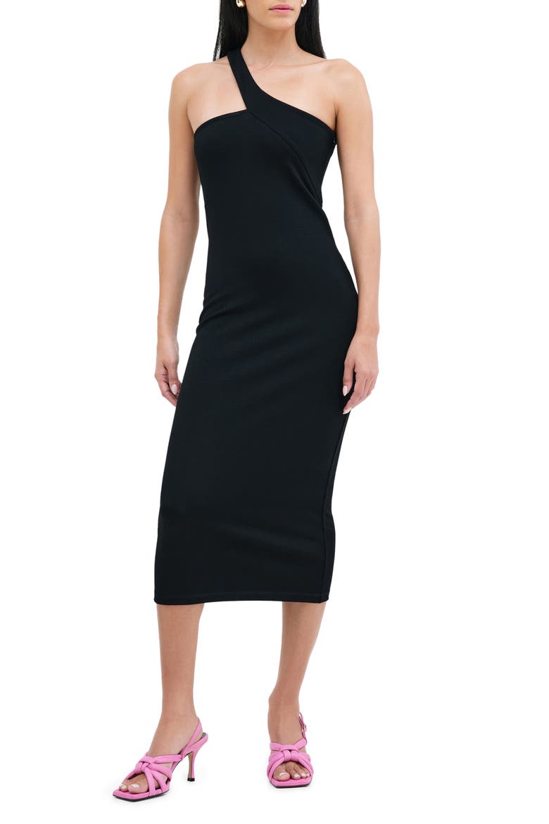 Cameron One-Shoulder Ponte Midi Dress, Main, color, BLACK