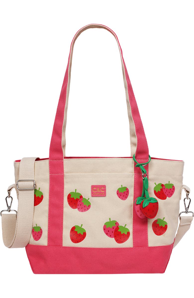 C & C California Strawberry Print Tote Bag, Main, color, Pink