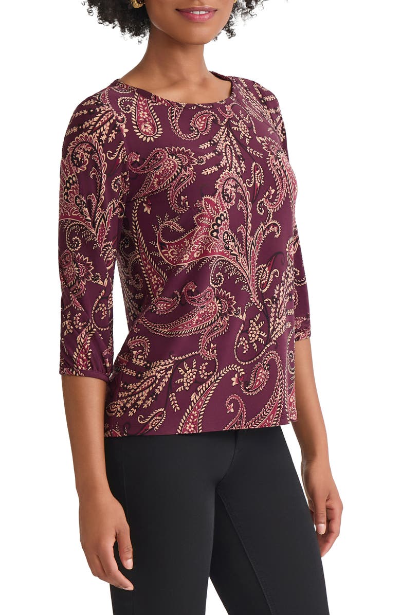 Jones New York Paisley Print Puff Sleeve Top, Alternate, color, Wine Plum Multi