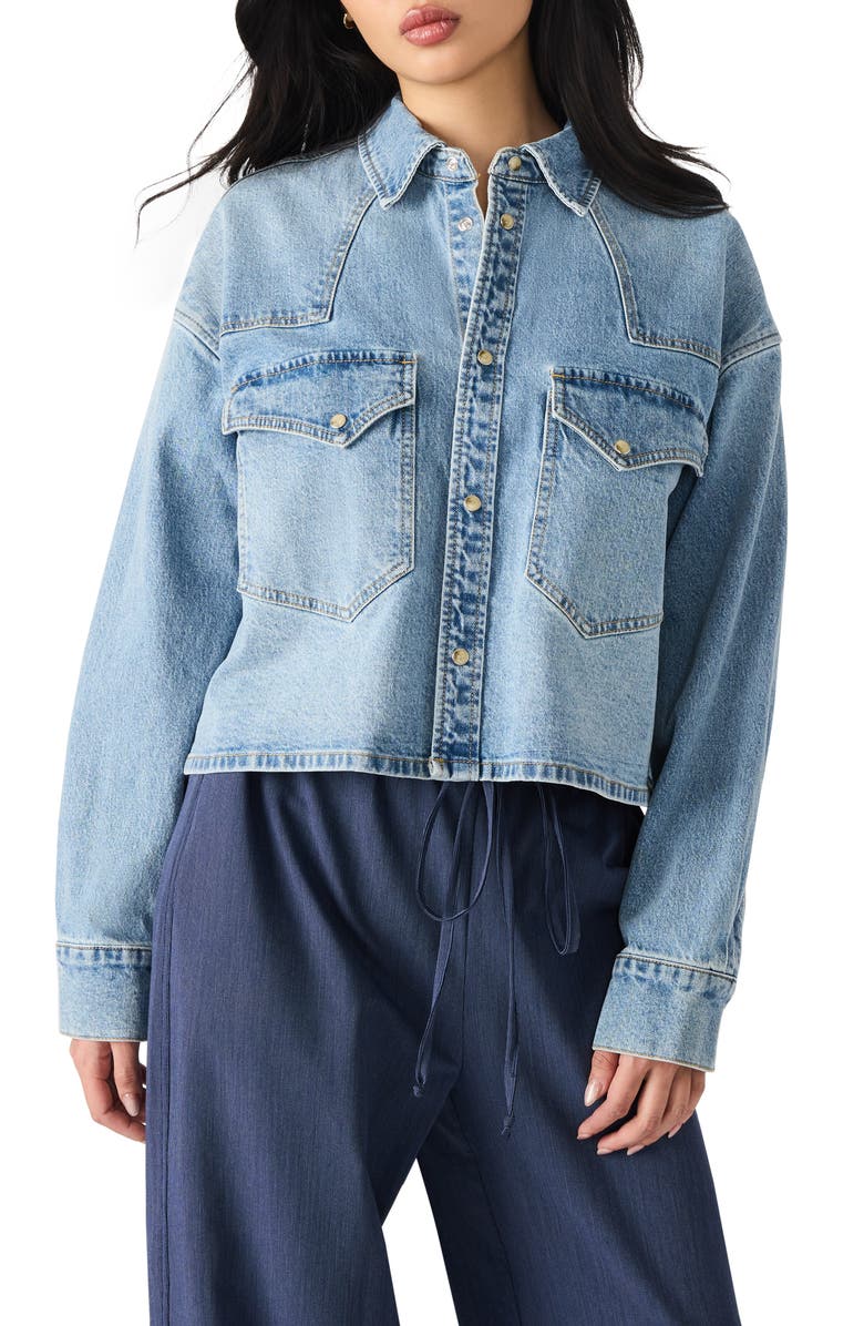 Steve Madden Rafi Denim Crop Shirt, Main, color, Forever Blue