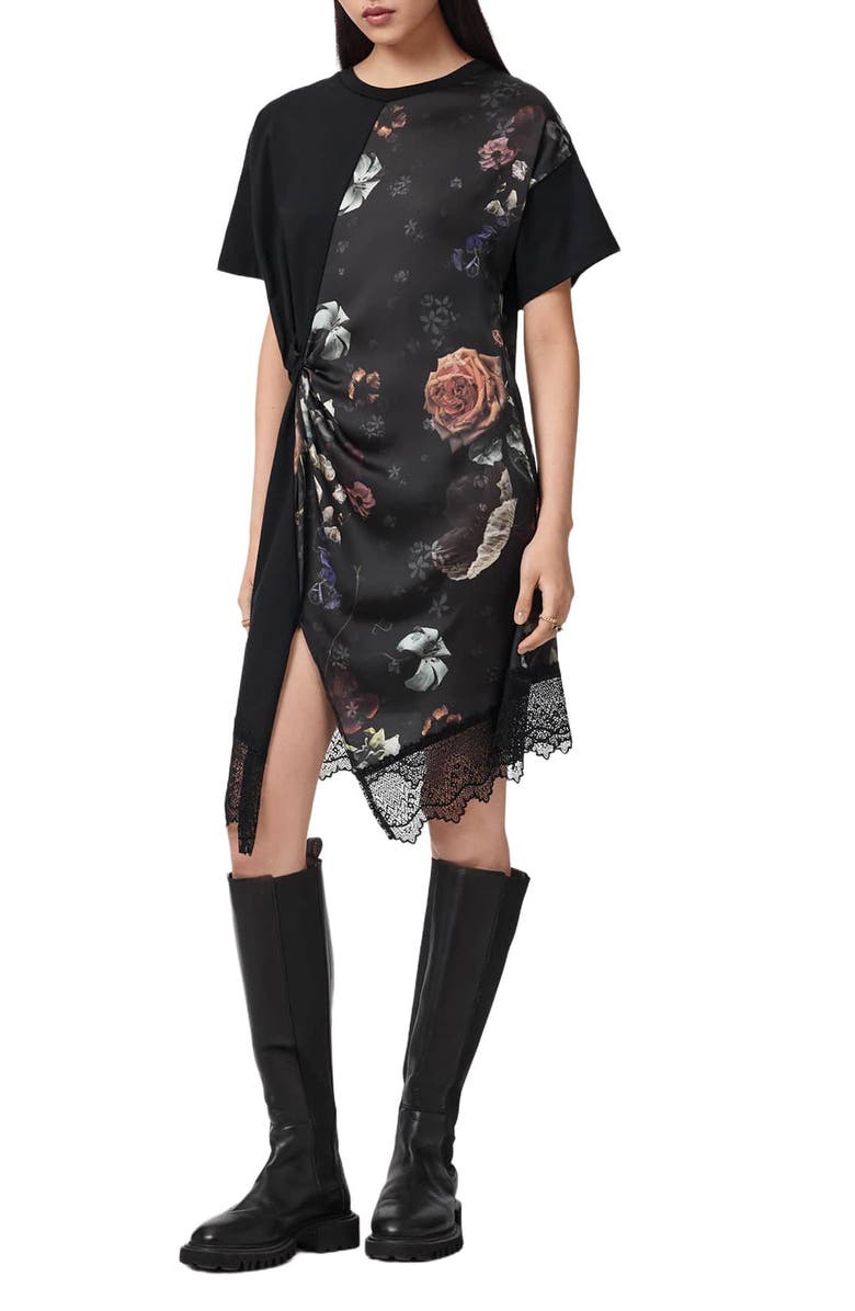 AllSaints Lana Lace Hem Minidress, Alternate, color, Haze Black