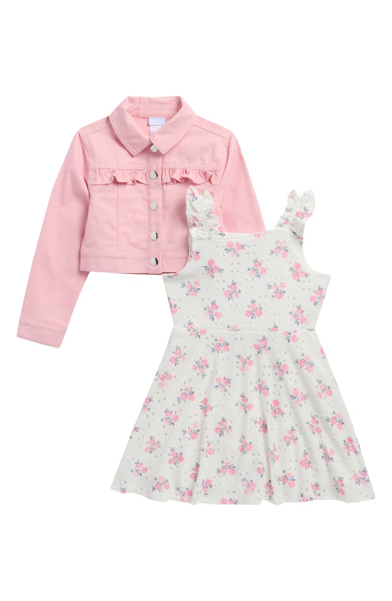 Draper James Kids' Floral Dress & Ruffle Denim Jacket Set, Main, color, Snow White/ Almo