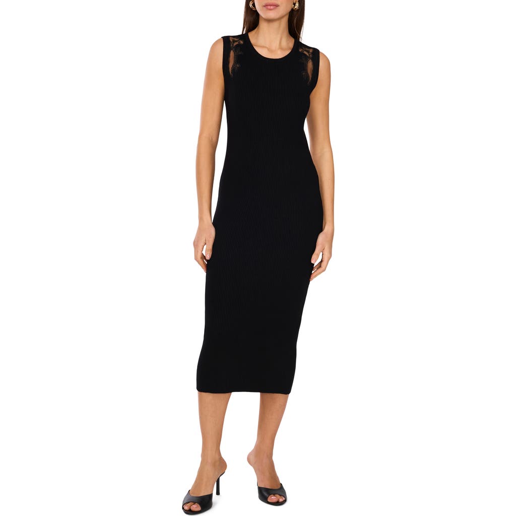 Shop Vince Camuto Mesh Trim Rib Midi Dress In Rich Black