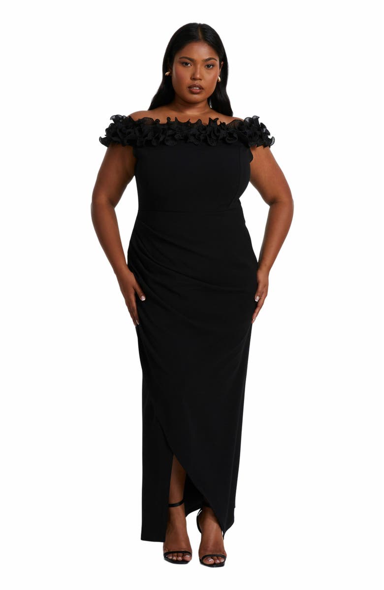 QUIZ Plus Size Scuba Crepe Ruffle Bardot Maxi Dress, Main, color, 