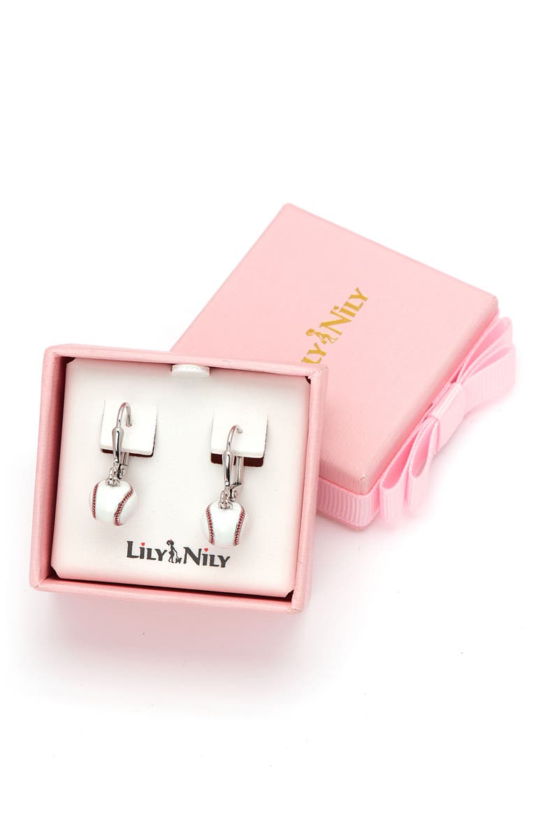 Kids' 3D Baseball Leverback Drop Earrings, Alternate, color, WHITE