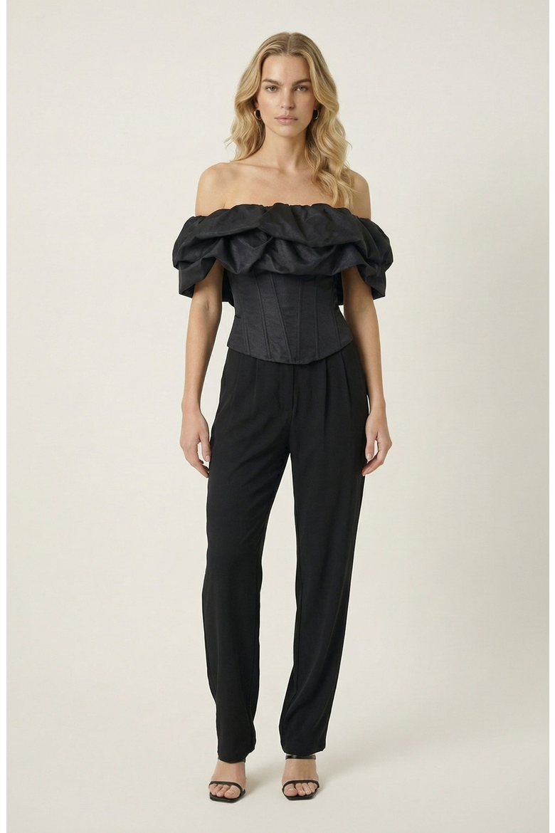 Off Shoulder Ruffle Overlay Corset Top, Alternate, color, Black