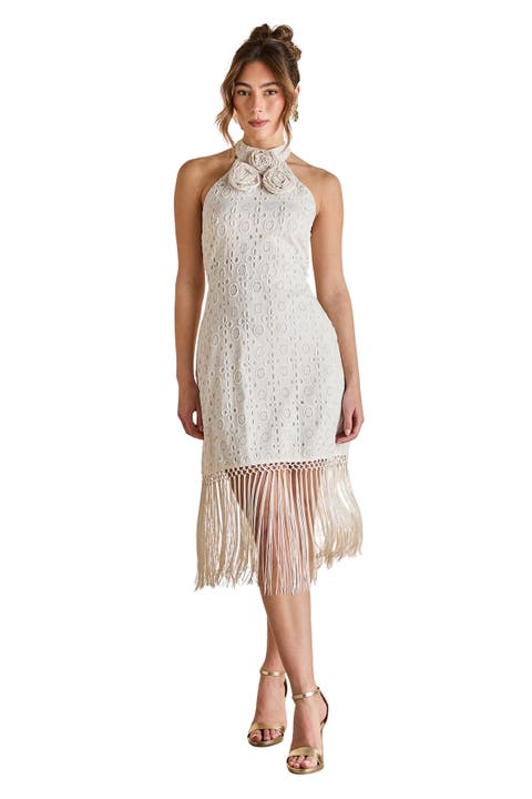 Broderie Embellished Fringe Halter Dress