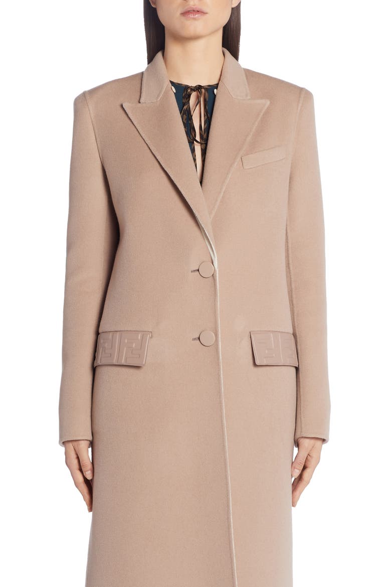 FF Logo Double Face Cashmere Coat with Removable Genuine Mink Fur Collar, Alternate, color, BEIGE
