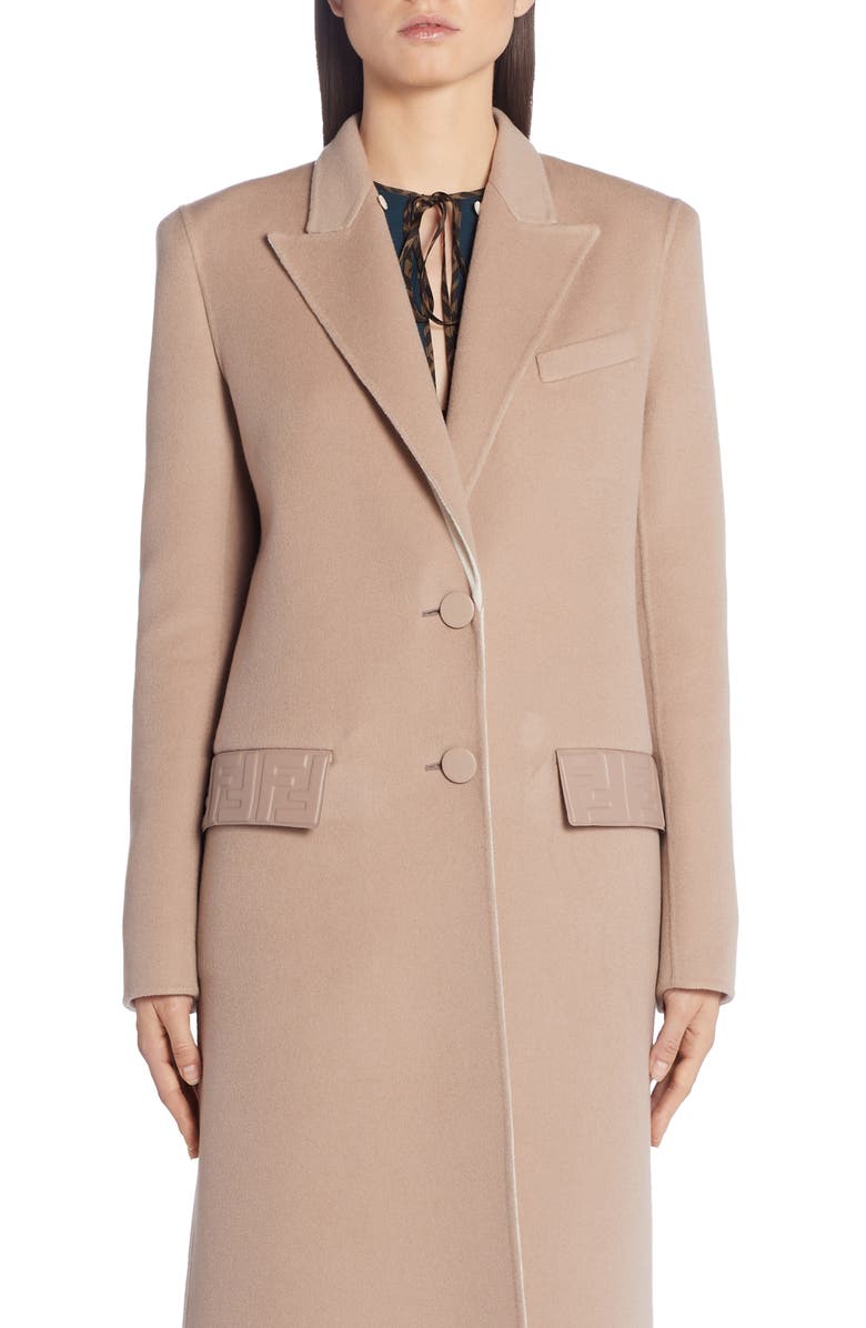 Fendi FF Logo Double Face Cashmere Coat with Removable Genuine Mink Fur Collar, Alternate, color,