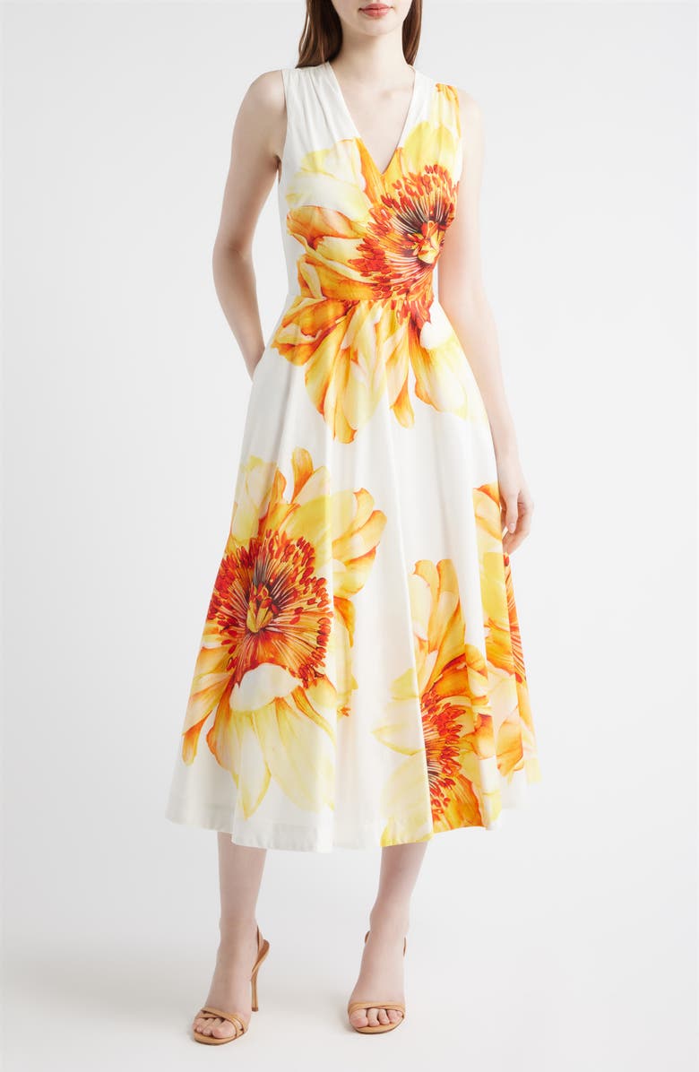 Elie Tahari The Ines Spring Meadow Floral Midi Dress, Main, color, Spring Meadow