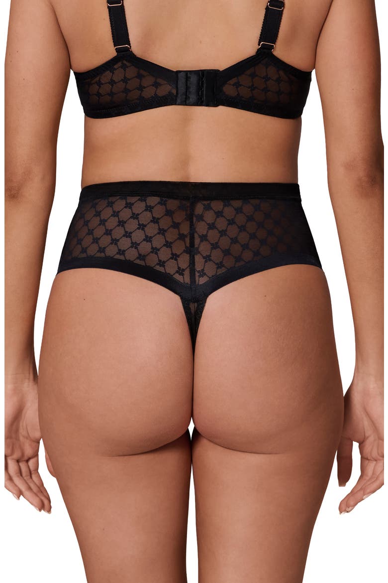 Plume Embroidered High Waist Shaping Thong, Alternate, color, BLACK