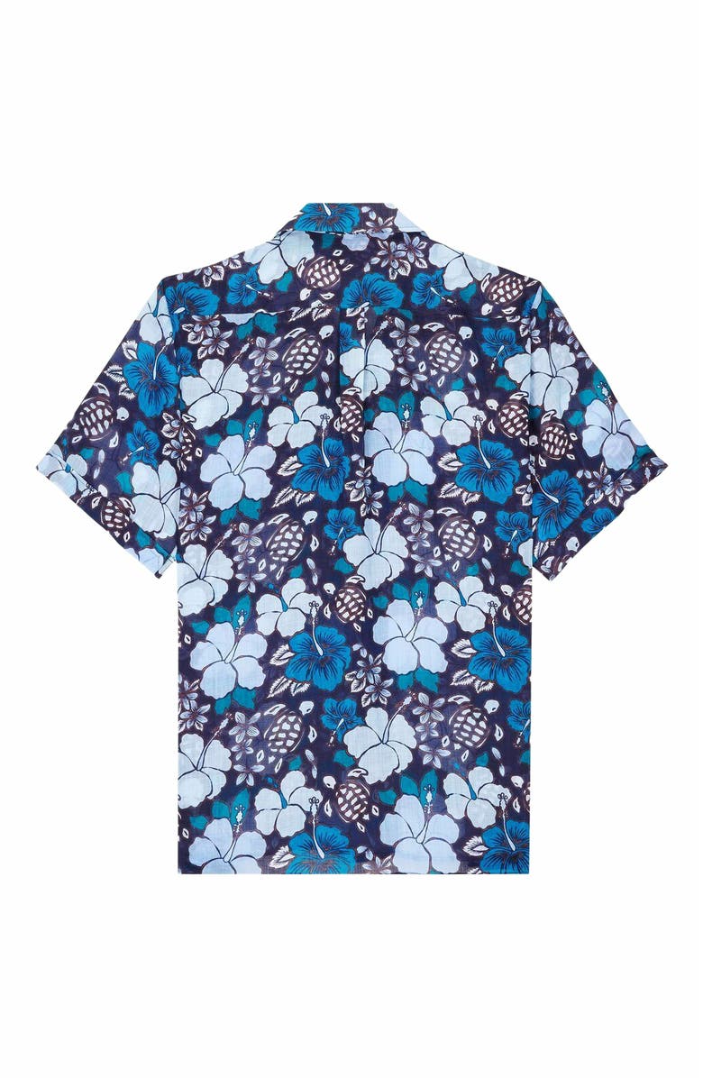Vilebrequin Men's Bowling Linen Tropical Turtles Shirt, Alternate, color, Minuit
