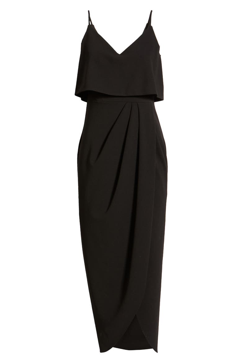 Xscape Scuba Crepe Popover Faux Wrap Gown, Alternate, color, BLACK