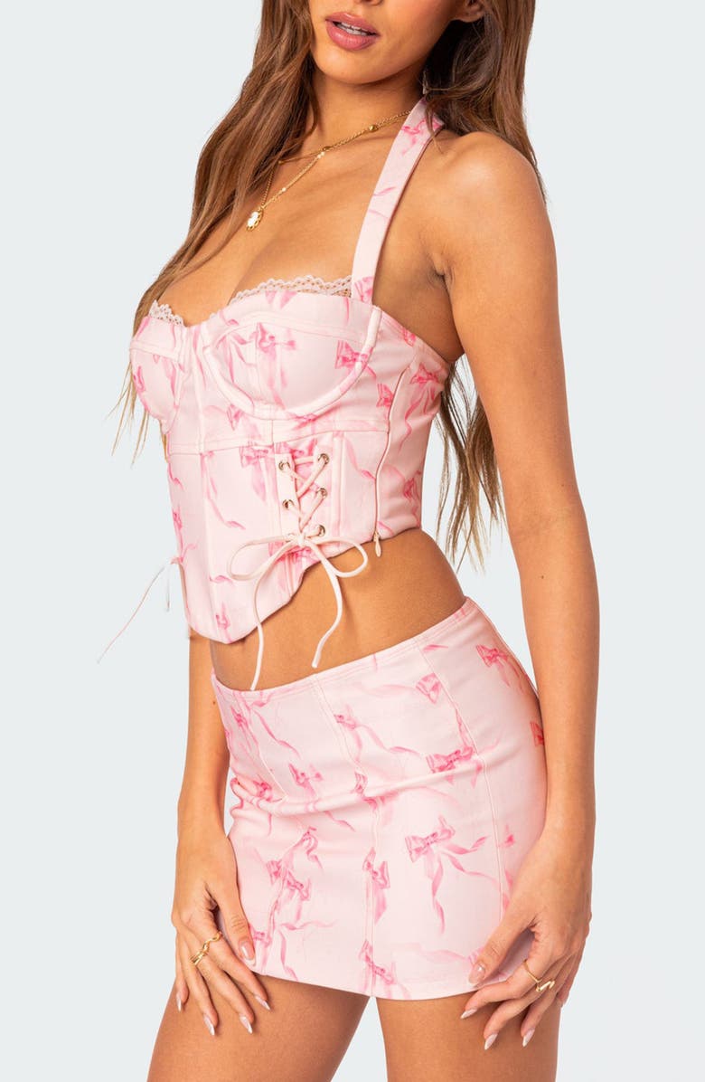 EDIKTED Makayla Print Lace-Up Crop Halter Top, Alternate, color, Light-Pink