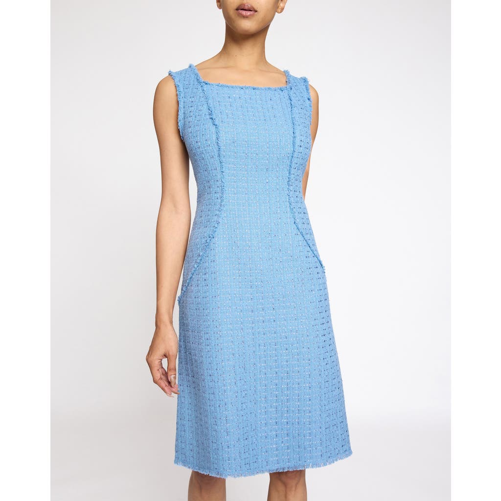 Santorelli Sleeveless Fringe-trim Shimmer Tweed Dress In Marine Blue