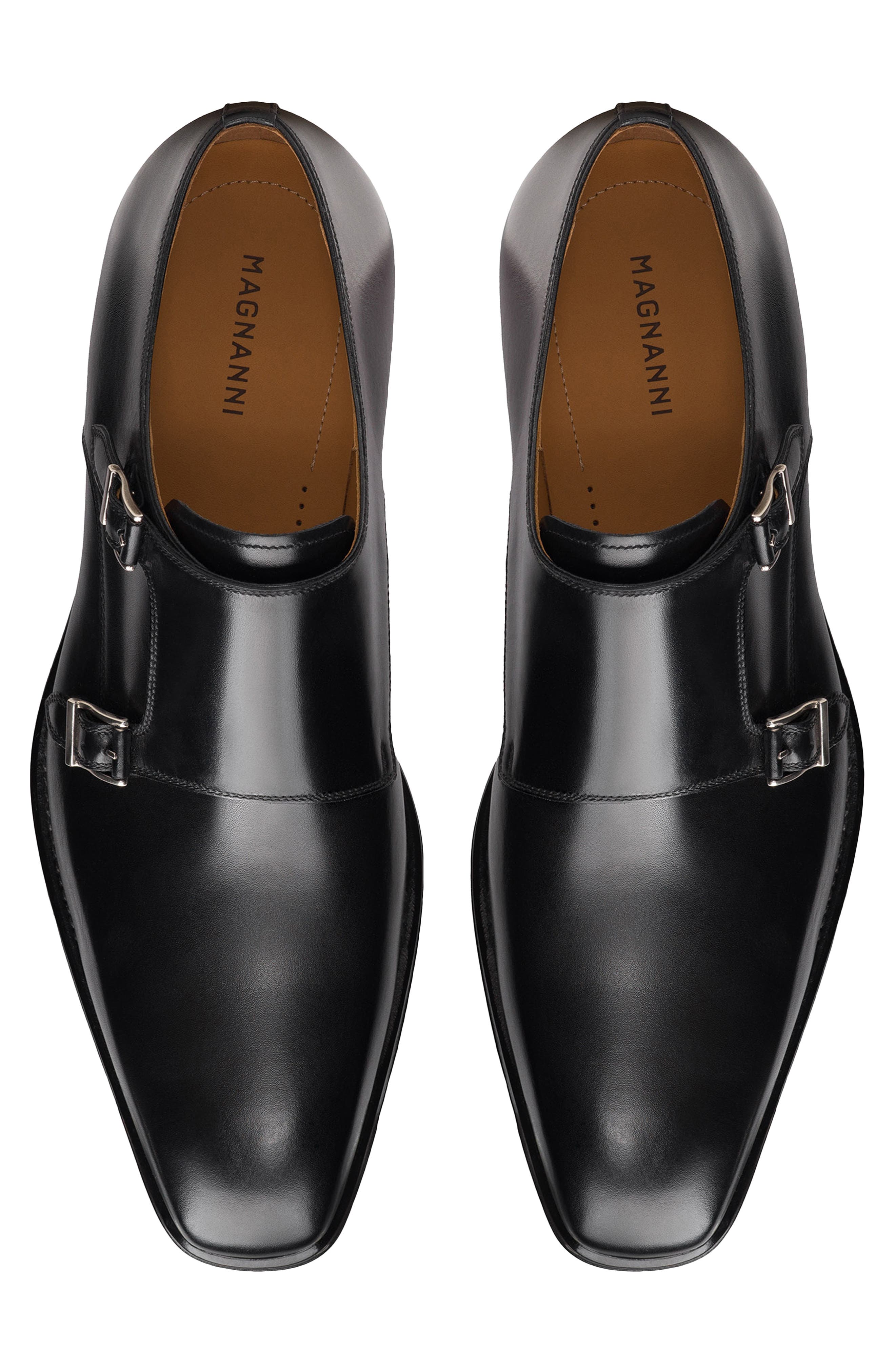 Magnanni Landon II Black Plain Toe Two Buckle Monk Shoe, Alternate, color, Black