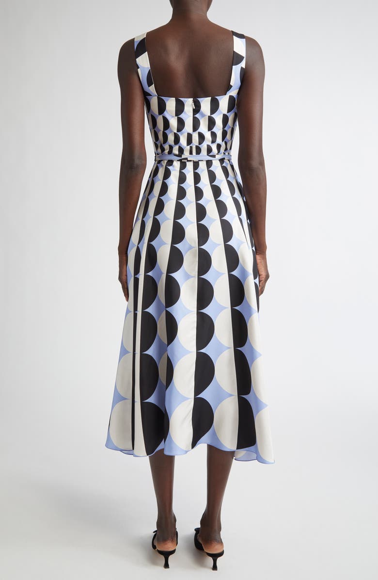 Oscar de la Renta Geo Print Silk Twill Belted Midi Dress, Alternate, color, Black/ Blue