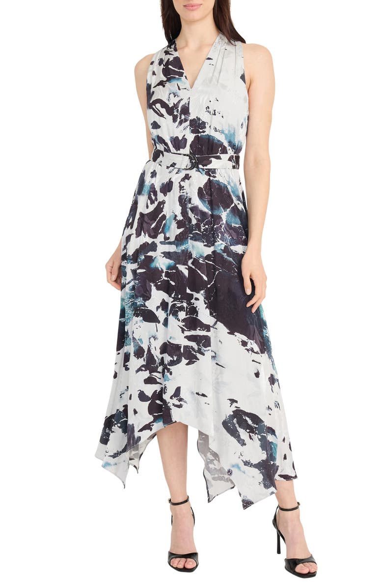 Maggy London Abstract Print Belted Handkerchief Hem Midi Dress, Main, color, Black/ Silver/ Grey