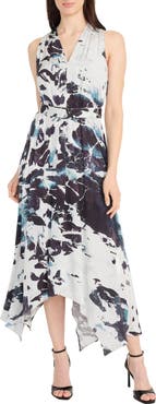 Maggy London Abstract Print Belted Handkerchief Hem Midi Dress