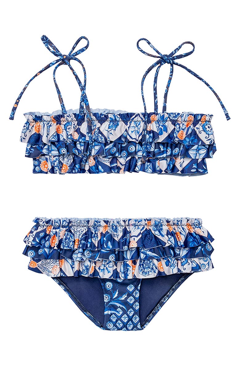 Agua Bendita Kids' Azure Moniz Ruffle Two-Piece Swimsuit, Main, color, Blue Multicolor
