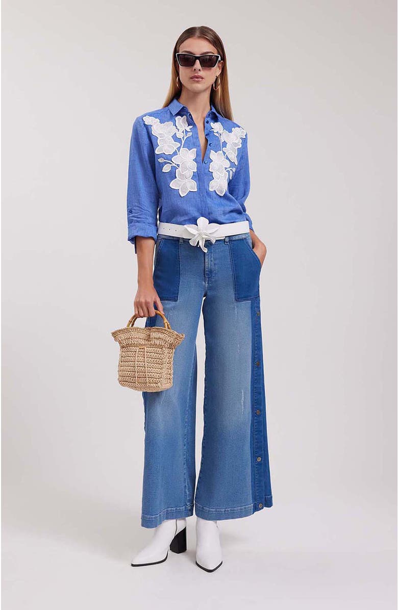 Anne Fontaine Women's Shirt  Citron Blue Linen Shirt With White Floral Applique, Alternate, color, Denim Blue