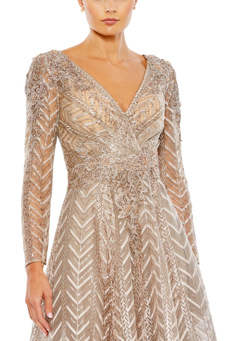 Embellished Long Sleeve Wrap Over Dress, Alternate, color, TAUPE