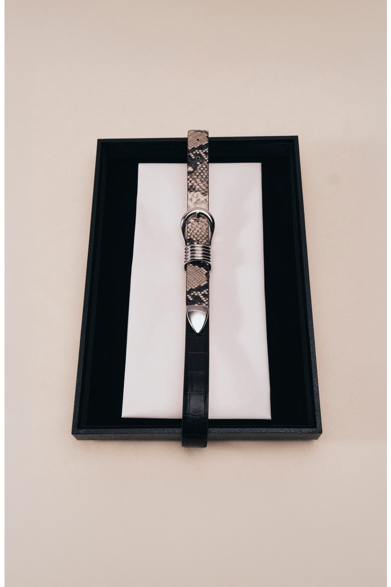 Hollyhock Two Tone Exotic Embossed Leather Belt, Alternate, color, BLACK CROCO & BROWN SNAKESKIN