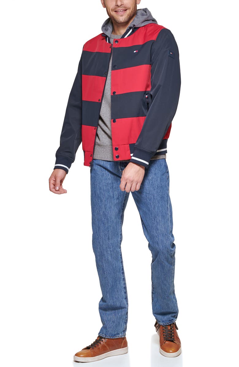 Tommy Hilfiger Hooded Bomber Jacket, Alternate, color, Navy/ Red