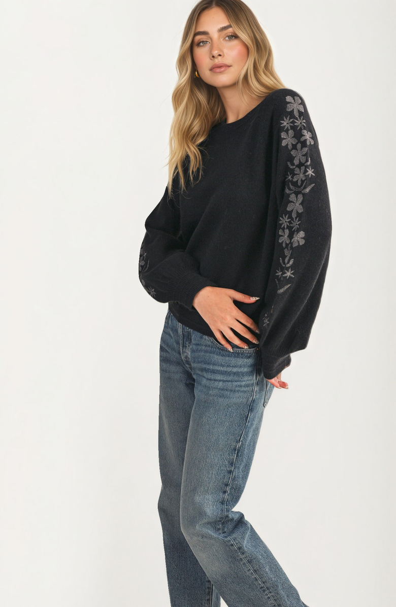 Knit and Lounge Floral Embroidered Sleeve Sweater, Alternate, color, 
