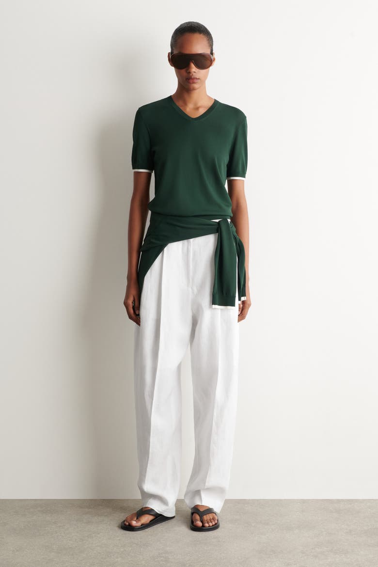 Layered-detail Knitted V-neck T-shirt, Alternate, color, DARK GREEN / WHITE