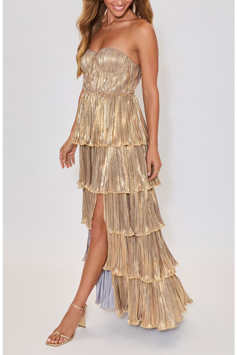 Gilded Age Metallic Plissé Tiered Strapless Gown, Alternate, color, GOLD