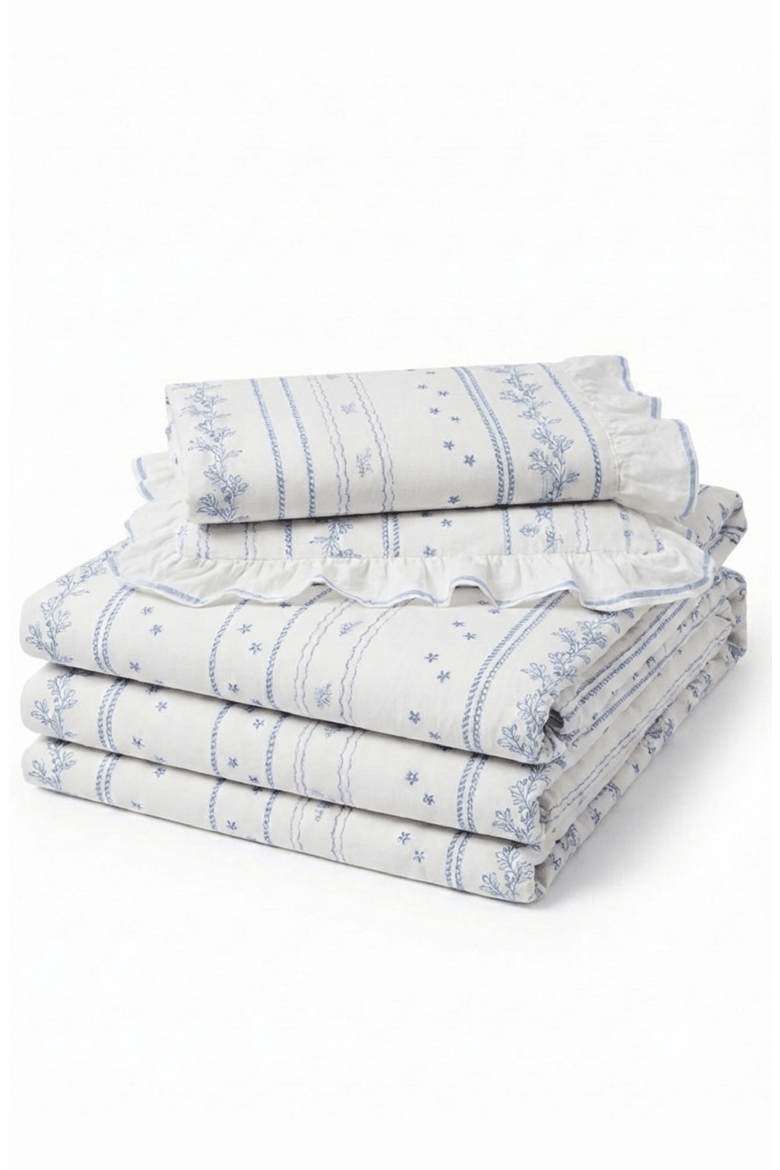 Embroidered French Lace Ruffle Bedding Set, Main, color, Blue / Fitted