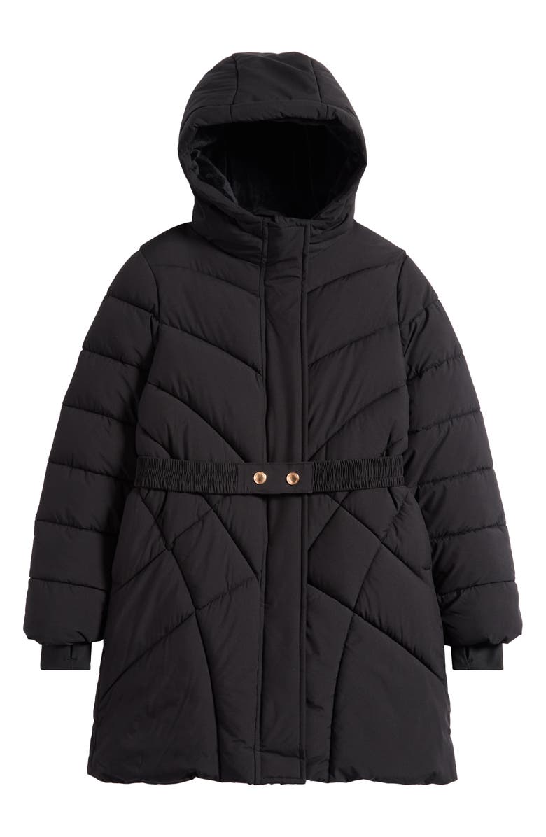 Sam Edelman Kids' Swirl Hooded Quilted Belted Stadium Puffer Jacket, Main, color, Black