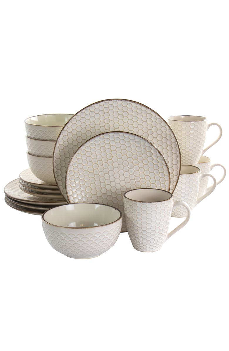 Elama Honey Ivory 16 Piece Stoneware Dinnerware Set, Main, color, White