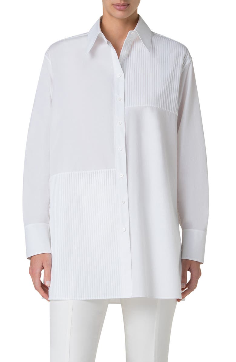 Akris Oversize Pleated Panel Cotton Voile Button-Up Shirt, Main, color, Pure White