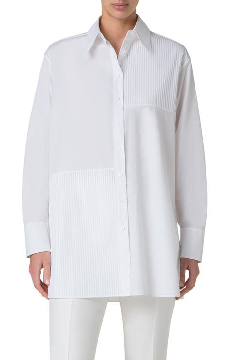 Oversize Pleated Panel Cotton Voile Button-Up Shirt
