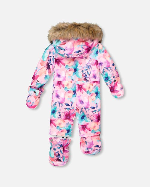 Deux Par Deux One-piece Play Snowsuit Designed For Car Seat Watercolor Flower In Blue