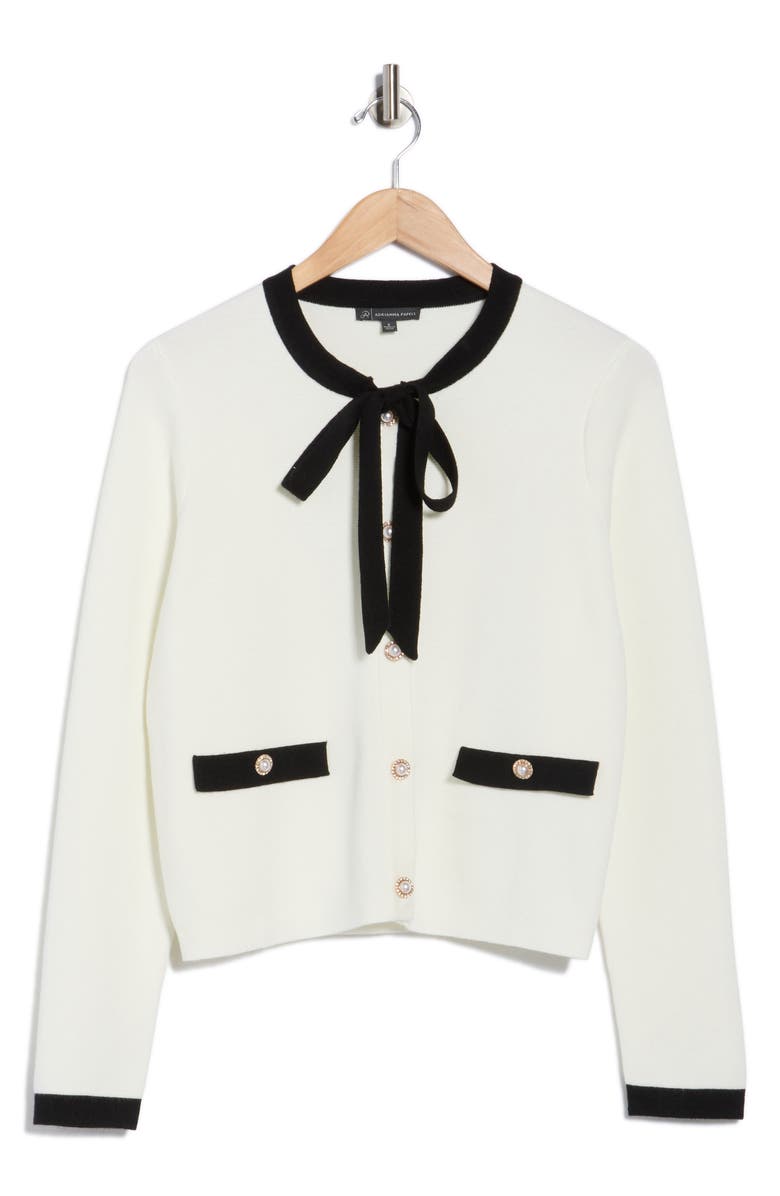 Adrianna Papell Bow Neck Cardigan, Alternate, color, Ivory/ Black
