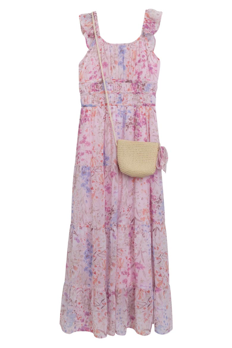 Kids' Flutter Sleeve Chiffon Maxi Dress with Crossbody Bag, Main, color, BLUSH/BLUE