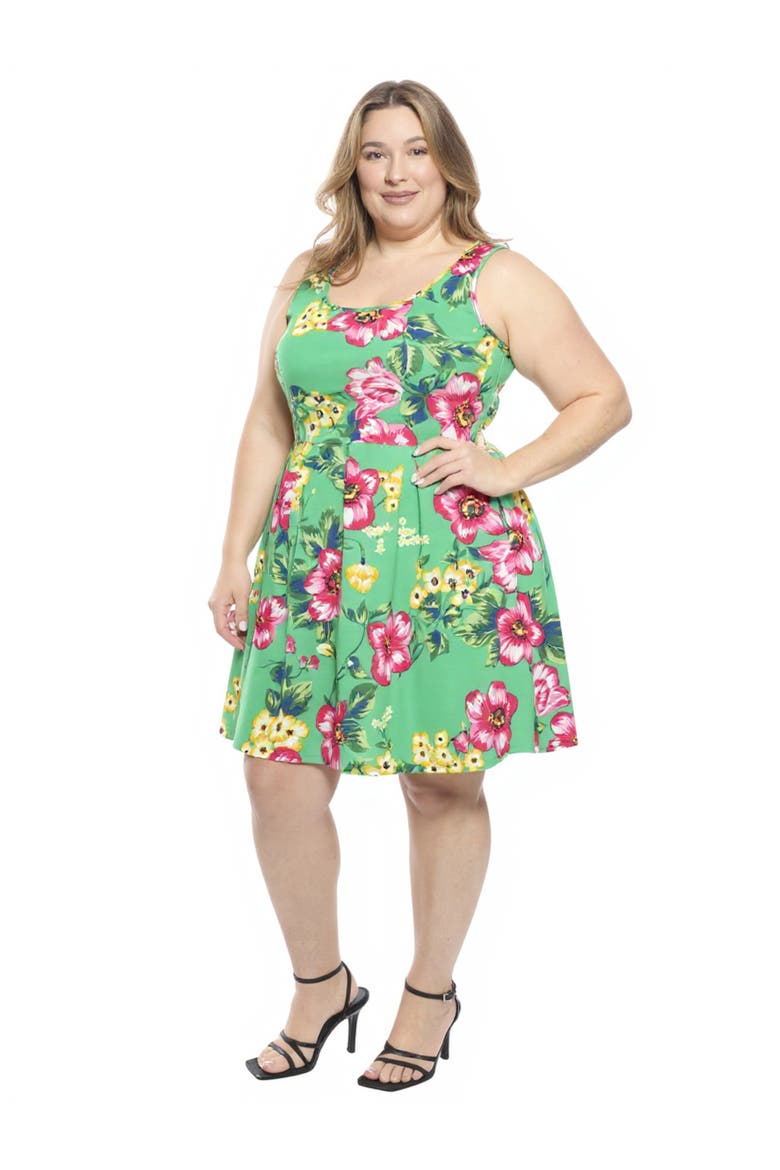 Plus Size Floral Sleeveless Pleated Pocket Skater Dress, Alternate, color, Green Multi