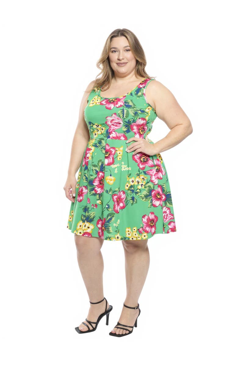 24seven Comfort Apparel Plus Size Floral Sleeveless Pleated Pocket Skater Dress, Alternate, color, Green Multi