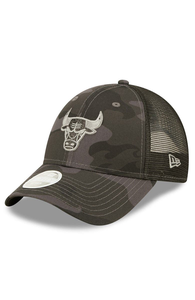 New Era Women's New Era  Charcoal Chicago Bulls Camo Glam 9FORTY Trucker Snapback Hat, Main, color, 