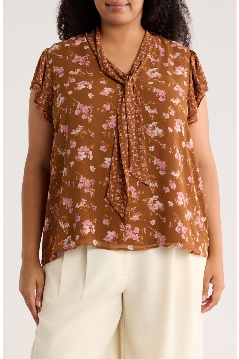 Floral Tie Neck Cap Sleeve Top, Main, color, ROOT BEER