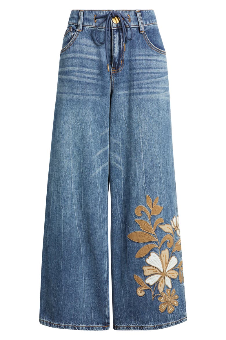 Flower Appliqué High Waist Wide Leg Jeans, Alternate, color, MID BLUE ARTISANAL