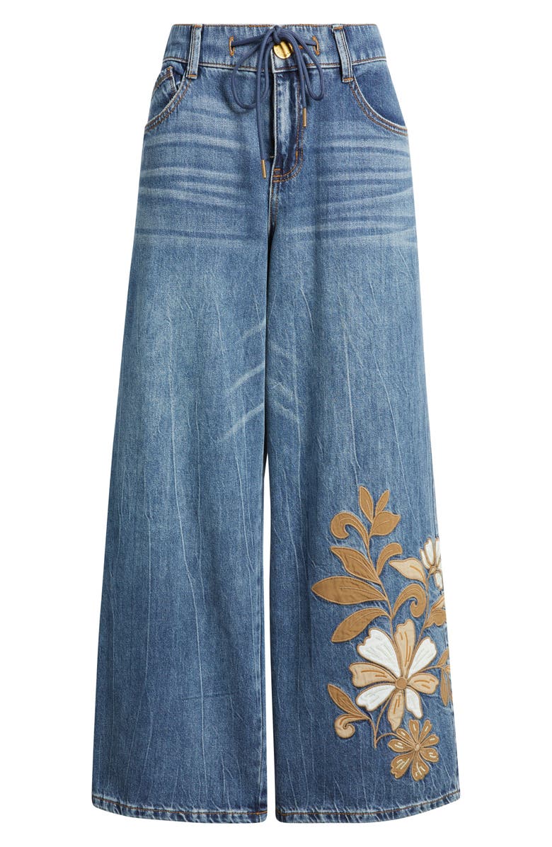 Wit & Wisdom Flower Appliqué High Waist Wide Leg Jeans, Main, color, Mid Blue Artisanal