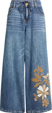 Wit & Wisdom Flower Appliqué High Waist Wide Leg Jeans