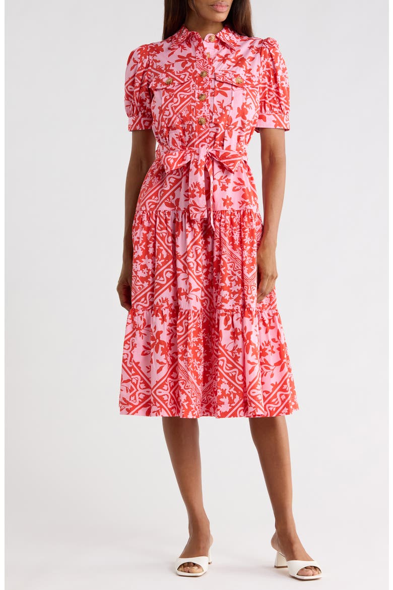 Buffy Floral Print Tie Waist Tiered Midi Dress, Main, color, PINK TILE