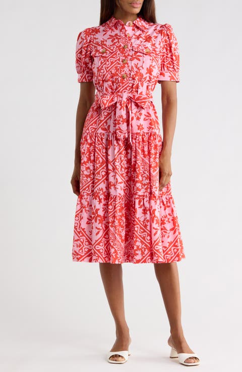 Buffy Floral Print Tie Waist Tiered Midi Dress
