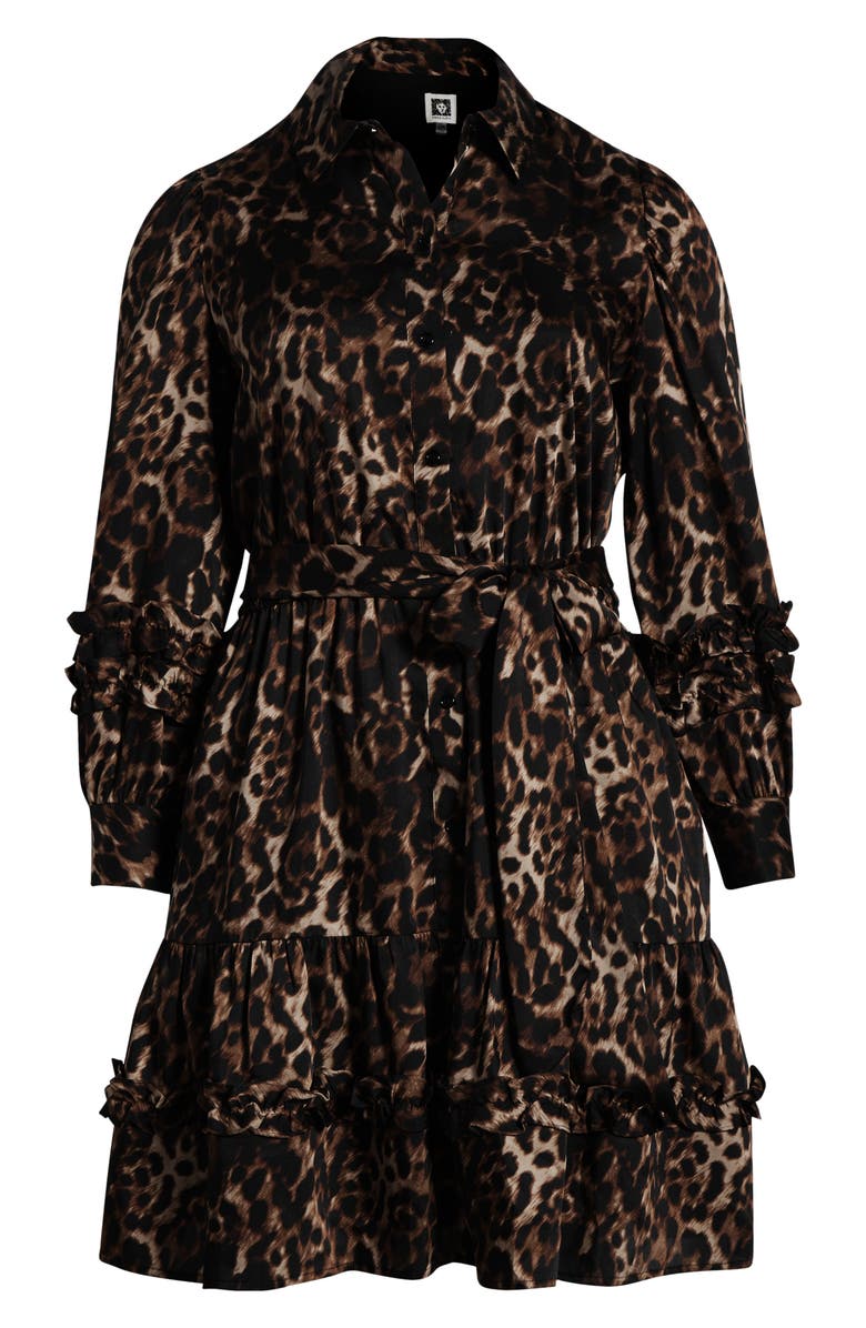 Anne Klein Leopard Tie Waist Long Sleeve Shirtdress, Alternate, color, Brown/ Anne Black Multi